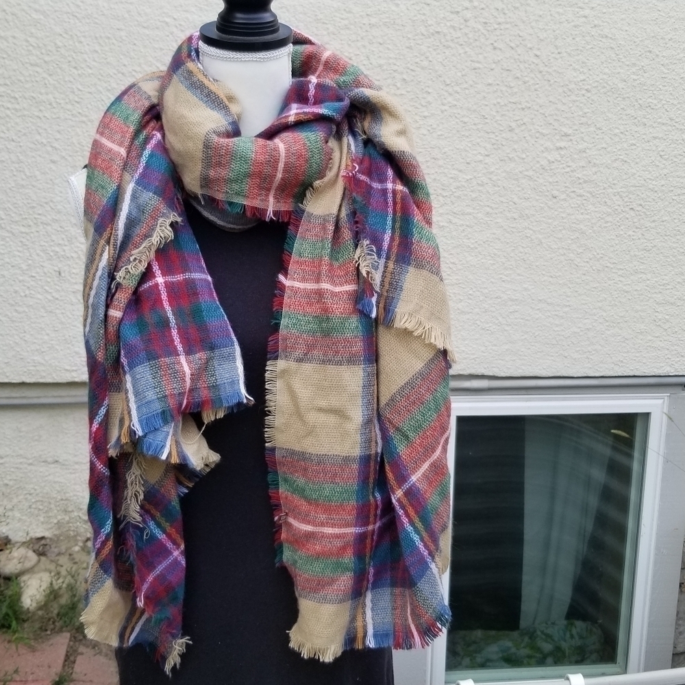 tan green red plaid blanket scarf cashmere viscose blend